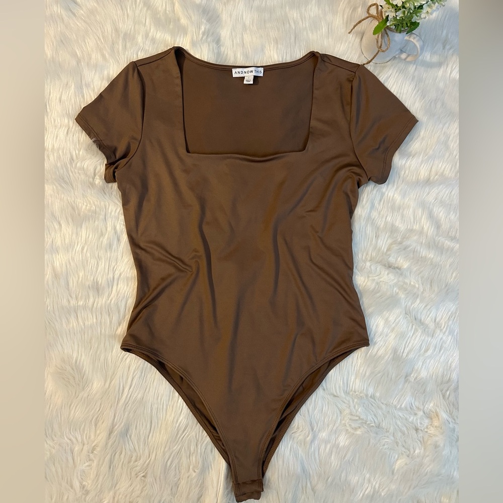 Brown Asymmetrical Fitted Short Sleeve Bodysuit